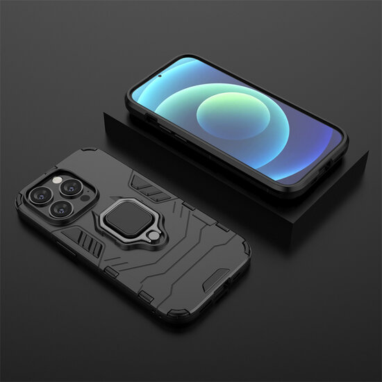 iPhone 14 Pro Hoesje - MobyDefend Dubbelgelaagde Pantsercase Met Standaard - Zwart