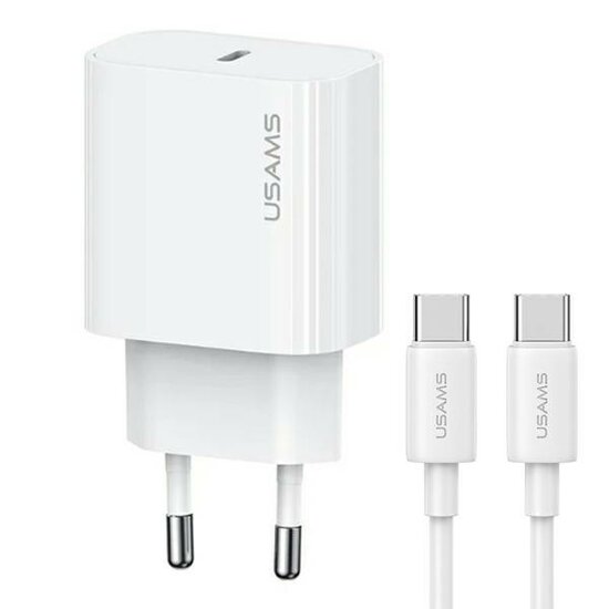 USAMS Wall charger m&eacute;t USB-C Kabel (1M) - Oplader met 1 USB-C poort - 20W - PD2.0 - Wit