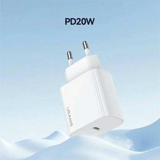 USAMS Wall charger m&eacute;t USB-C Kabel (1M) - Oplader met 1 USB-C poort - 20W - PD2.0 - Wit