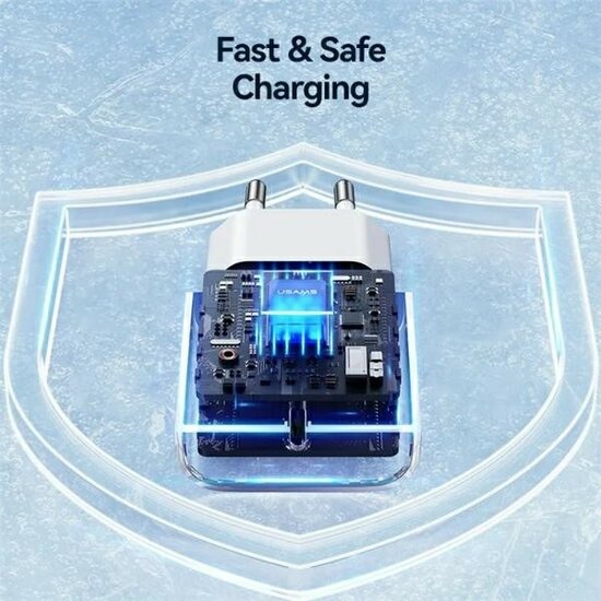 USAMS Wall charger m&eacute;t USB-C Kabel (1M) - Oplader met 1 USB-C poort - 20W - PD2.0 - Wit