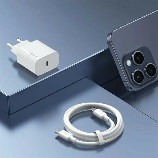USAMS Wall charger m&eacute;t USB-C Kabel (1M) - Oplader met 1 USB-C poort - 20W - PD2.0 - Wit