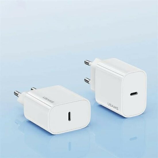 USAMS Wall charger m&eacute;t USB-C Kabel (1M) - Oplader met 1 USB-C poort - 20W - PD2.0 - Wit