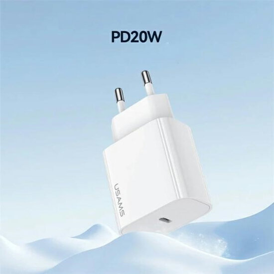 USAMS Wall charger m&eacute;t Lightning Kabel (1M) - Oplader met 1 USB-C poort - 20W - PD2.0 - Wit