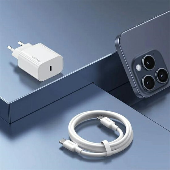 USAMS Wall charger m&eacute;t Lightning Kabel (1M) - Oplader met 1 USB-C poort - 20W - PD2.0 - Wit