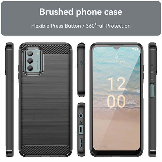 Nokia G42 Hoesje - MobyDefend TPU Backcover - Geborstelde Metaal &amp; Carbon-Look - Zwart