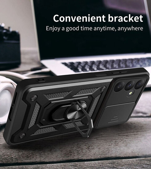 Samsung Galaxy A35 Hoesje - MobyDefend Pantsercase Met Draaibare Ring - Zwart
