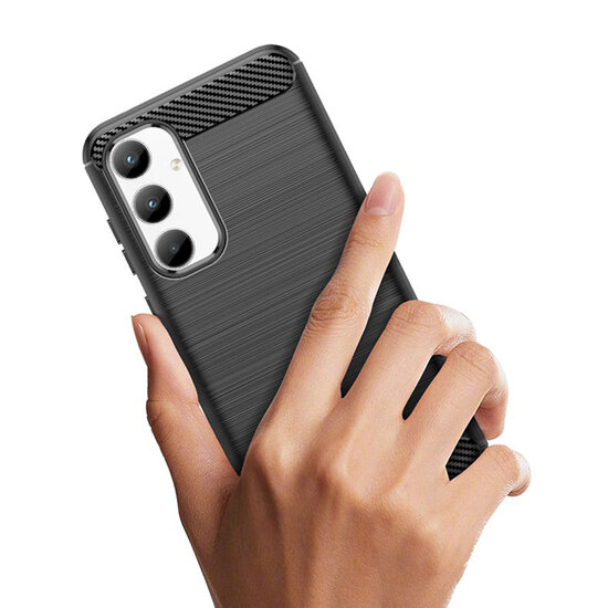 Samsung Galaxy A35 Hoesje - MobyDefend TPU Backcover - Geborstelde Metaal &amp; Carbon-Look - Zwart