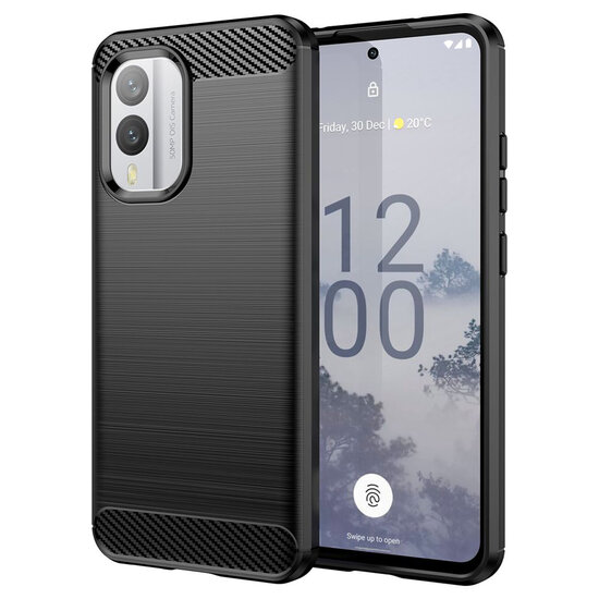 Nokia X30 Hoesje - MobyDefend TPU Backcover - Geborstelde Metaal &amp; Carbon-Look - Zwart