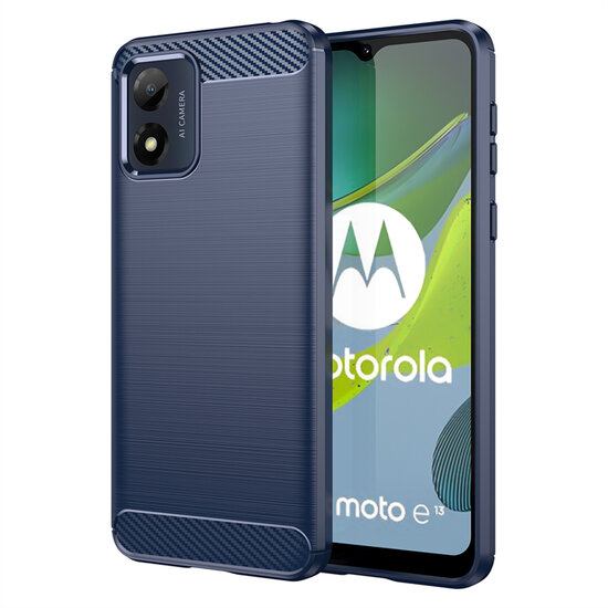 Motorola Moto E13 Hoesje - MobyDefend TPU Backcover - Geborstelde Metaal &amp; Carbon-Look - Blauw