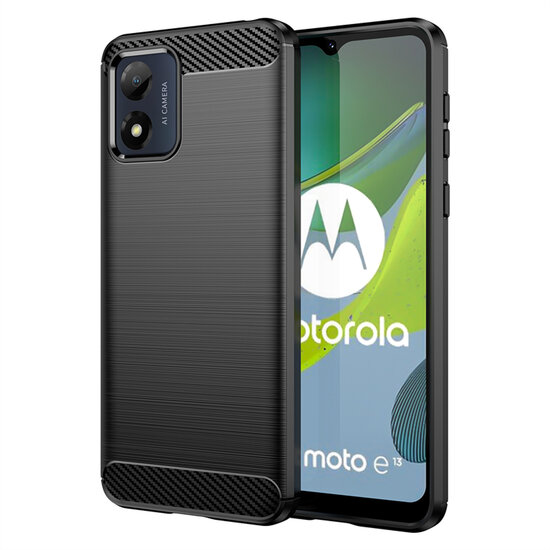 Motorola Moto E13 Hoesje - MobyDefend TPU Backcover - Geborstelde Metaal &amp; Carbon-Look - Zwart
