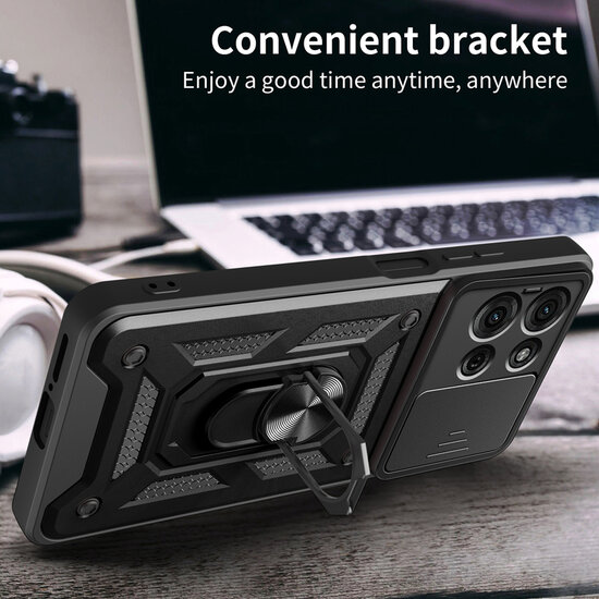 Motorola Moto G75 Hoesje - MobyDefend Pantsercase Met Draaibare Ring - Zwart