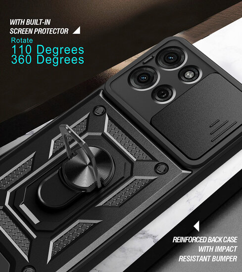 Motorola Moto G75 Hoesje - MobyDefend Pantsercase Met Draaibare Ring - Zwart