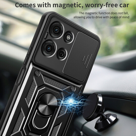 Motorola Moto G75 Hoesje - MobyDefend Pantsercase Met Draaibare Ring - Zwart