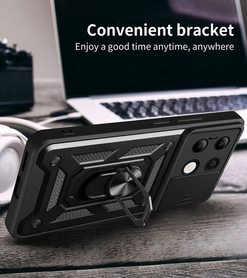 Xiaomi Redmi Note 13 4G Hoesje - MobyDefend Pantsercase Met Draaibare Ring - Zwart