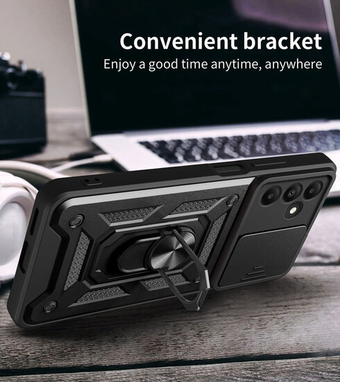 Samsung Galaxy A15 Hoesje - MobyDefend Pantsercase Met Draaibare Ring - Zwart