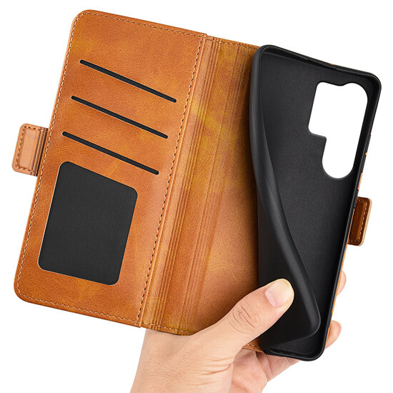 Samsung Galaxy S25 Ultra Hoesje - MobyDefend Luxe Wallet Book Case (Sluiting Zijkant) - Lichtbruin