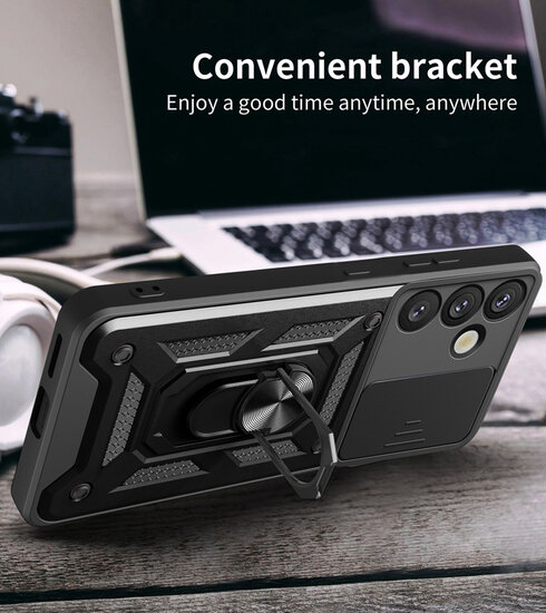Samsung Galaxy S25 Plus (S25+) Hoesje - MobyDefend Pantsercase Met Draaibare Ring - Zwart