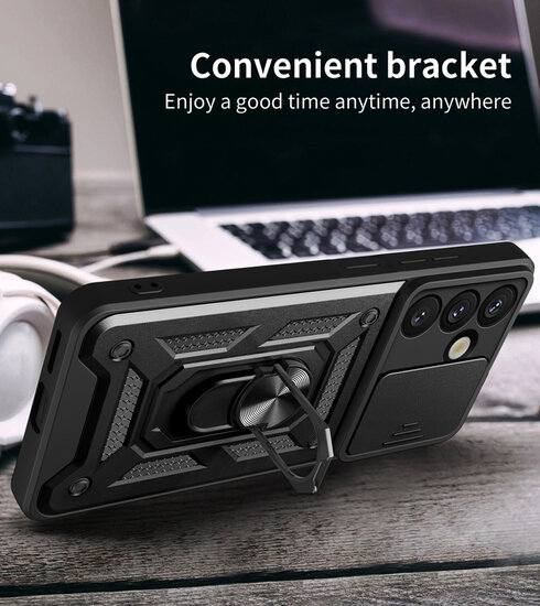 Samsung Galaxy S25 Hoesje - MobyDefend Pantsercase Met Draaibare Ring - Zilvergrijs