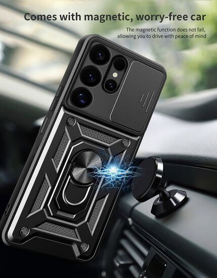Samsung Galaxy S25 Ultra Hoesje - MobyDefend Pantsercase Met Draaibare Ring - Zwart