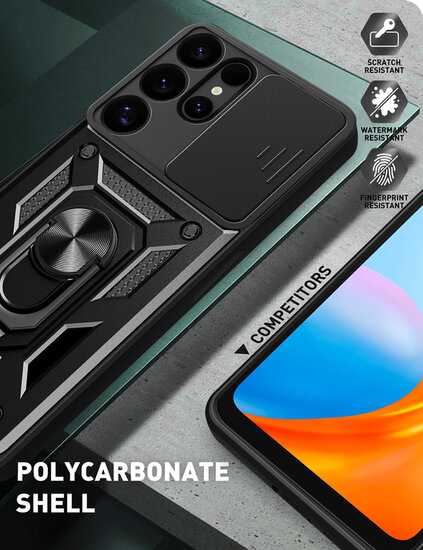 Samsung Galaxy S25 Ultra Hoesje - MobyDefend Pantsercase Met Draaibare Ring - Zwart