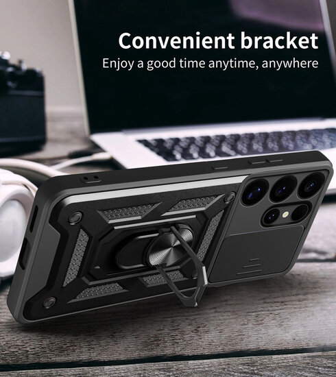 Samsung Galaxy S25 Ultra Hoesje - MobyDefend Pantsercase Met Draaibare Ring - Zwart