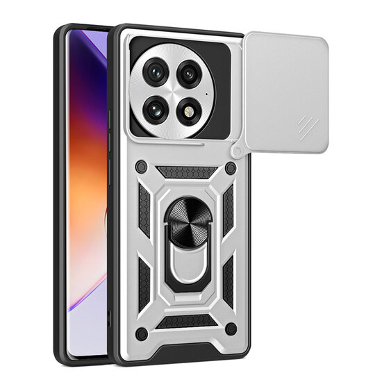 OnePlus 13 Hoesje - MobyDefend Pantsercase Met Draaibare Ring - Zilvergrijs