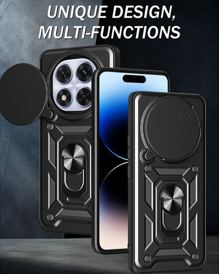 Xiaomi Redmi Note 14 Pro Plus Hoesje - MobyDefend Pantsercase Met Draaibare Ring - Zwart