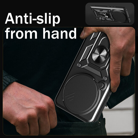 Xiaomi Redmi Note 14 Pro Plus Hoesje - MobyDefend Pantsercase Met Draaibare Ring - Zwart