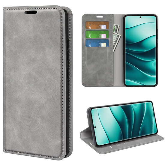 Xiaomi Redmi Note 14 Pro Plus Hoesje - MobyDefend Luxe Wallet Bookcase (Magnetische Sluiting) - Grijs