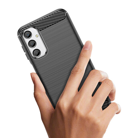 Samsung Galaxy A36 / Galaxy A56 Hoesje - MobyDefend TPU Backcover - Geborstelde Metaal &amp; Carbon-Look - Blauw