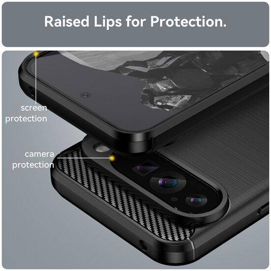 Google Pixel 9 Pro XL Hoesje - MobyDefend TPU Backcover - Geborstelde Metaal &amp; Carbon-Look - Zwart