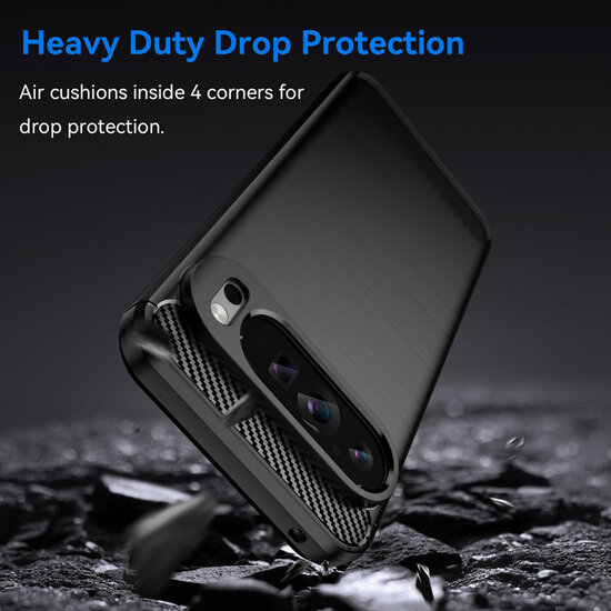 Google Pixel 9 Pro XL Hoesje - MobyDefend TPU Backcover - Geborstelde Metaal &amp; Carbon-Look - Zwart