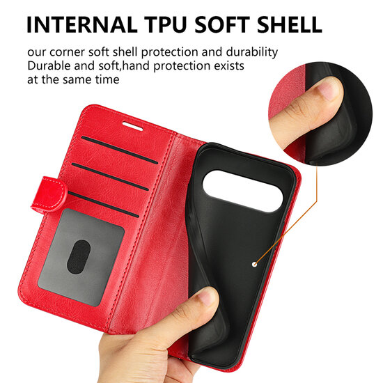 Google Pixel 9 / Pixel 9 Pro Hoesje - MobyDefend Wallet Book Case (Sluiting Achterkant) - Rood