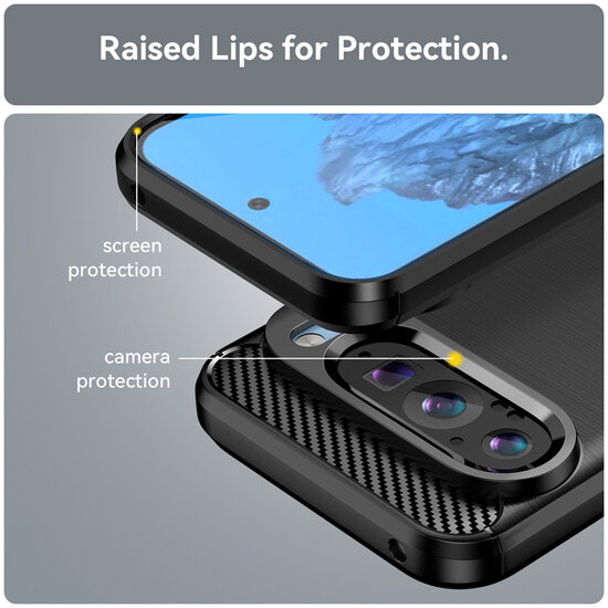 Google Pixel 9 / Pixel 9 Pro Hoesje - MobyDefend TPU Backcover - Geborstelde Metaal &amp; Carbon-Look - Zwart