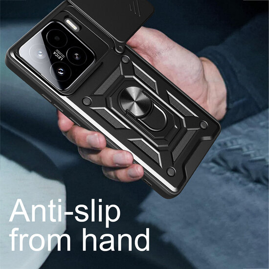 Xiaomi 15 Hoesje - MobyDefend Pantsercase Met Draaibare Ring - Zwart