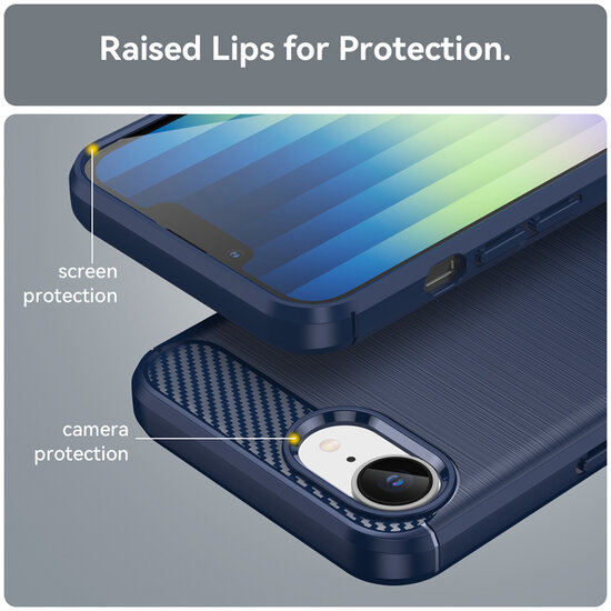 iPhone 16e Hoesje - MobyDefend TPU Backcover - Geborstelde Metaal &amp; Carbon-Look - Blauw