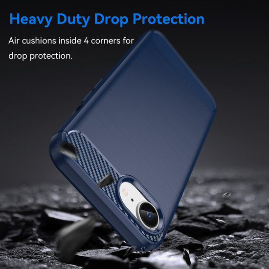 iPhone 16e Hoesje - MobyDefend TPU Backcover - Geborstelde Metaal &amp; Carbon-Look - Blauw