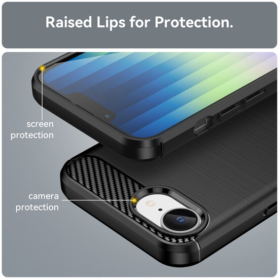 iPhone 16e Hoesje - MobyDefend TPU Backcover - Geborstelde Metaal &amp; Carbon-Look - Zwart