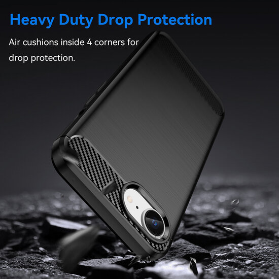iPhone 16e Hoesje - MobyDefend TPU Backcover - Geborstelde Metaal &amp; Carbon-Look - Zwart