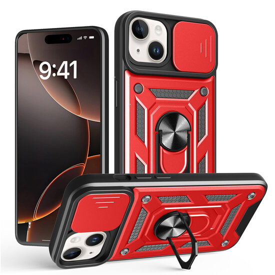 iPhone 16e Hoesje - MobyDefend Pantsercase Met Draaibare Ring - Rood