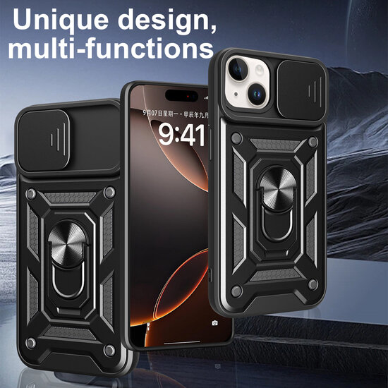 iPhone 16e Hoesje - MobyDefend Pantsercase Met Draaibare Ring - Zwart