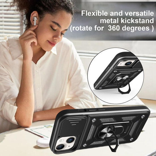 iPhone 16e Hoesje - MobyDefend Pantsercase Met Draaibare Ring - Zwart