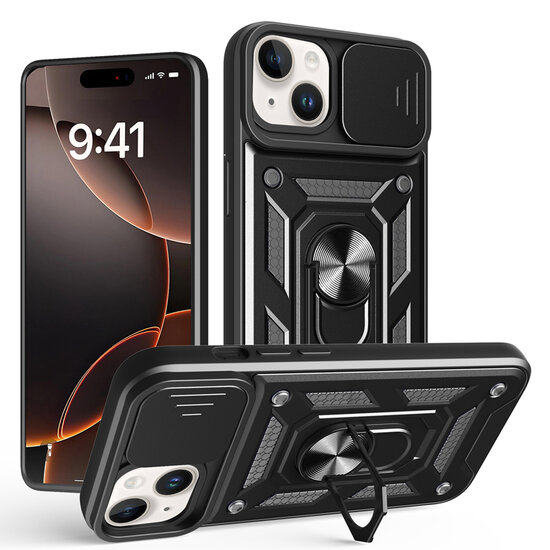 iPhone 16e Hoesje - MobyDefend Pantsercase Met Draaibare Ring - Zwart