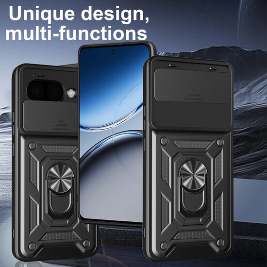 Google Pixel 9a Hoesje - MobyDefend Pantsercase Met Draaibare Ring - Zwart
