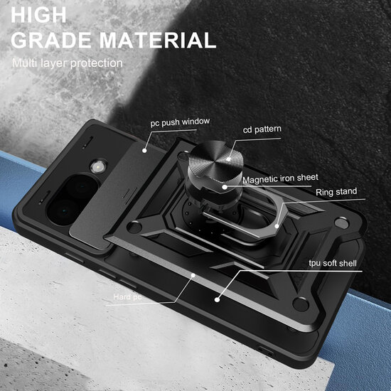 Google Pixel 9a Hoesje - MobyDefend Pantsercase Met Draaibare Ring - Zwart
