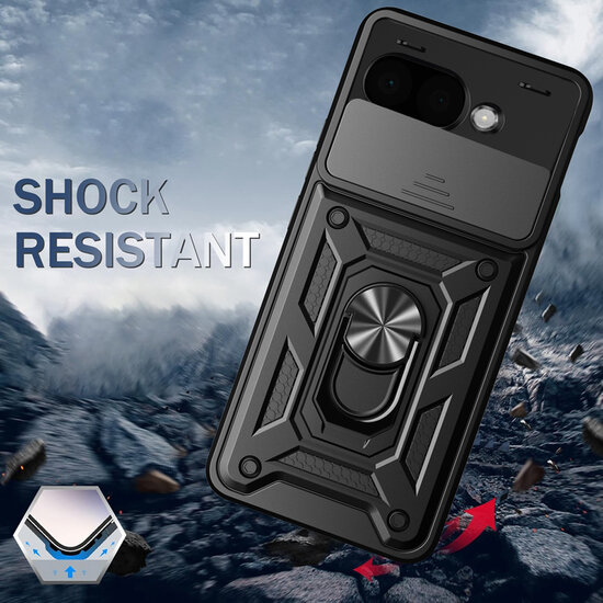 Google Pixel 9a Hoesje - MobyDefend Pantsercase Met Draaibare Ring - Zwart