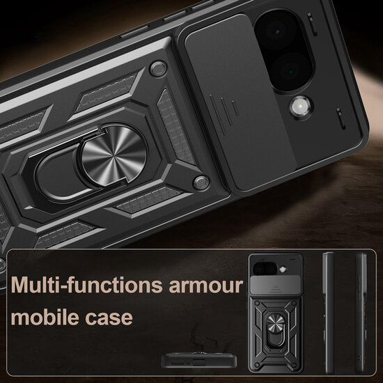 Google Pixel 9a Hoesje - MobyDefend Pantsercase Met Draaibare Ring - Zwart