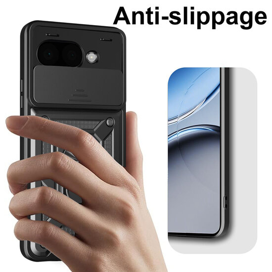 Google Pixel 9a Hoesje - MobyDefend Pantsercase Met Draaibare Ring - Zwart