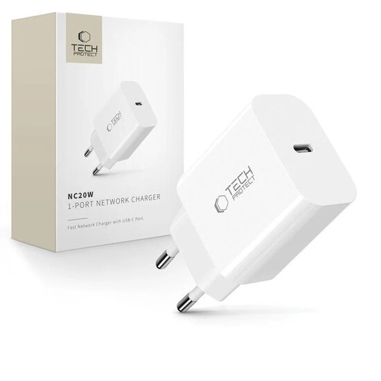 Tech-Protect Wall charger - Oplader met 1 USB-C poort - 20W - PD2.0 - Wit