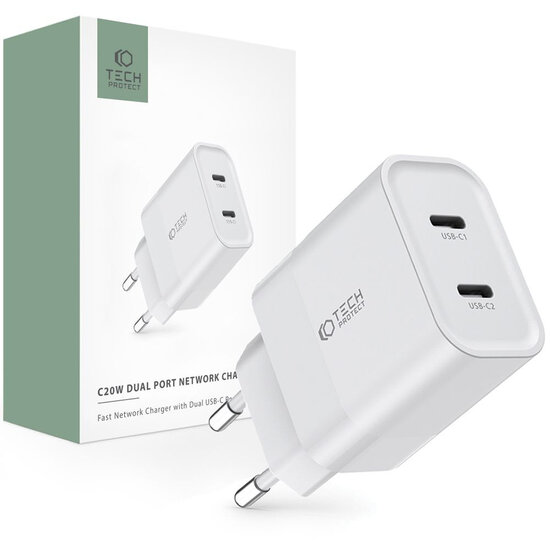 Tech-Protect Wall charger - Oplader met 2 USB-C poorten - 20W - PD2.0 - Wit